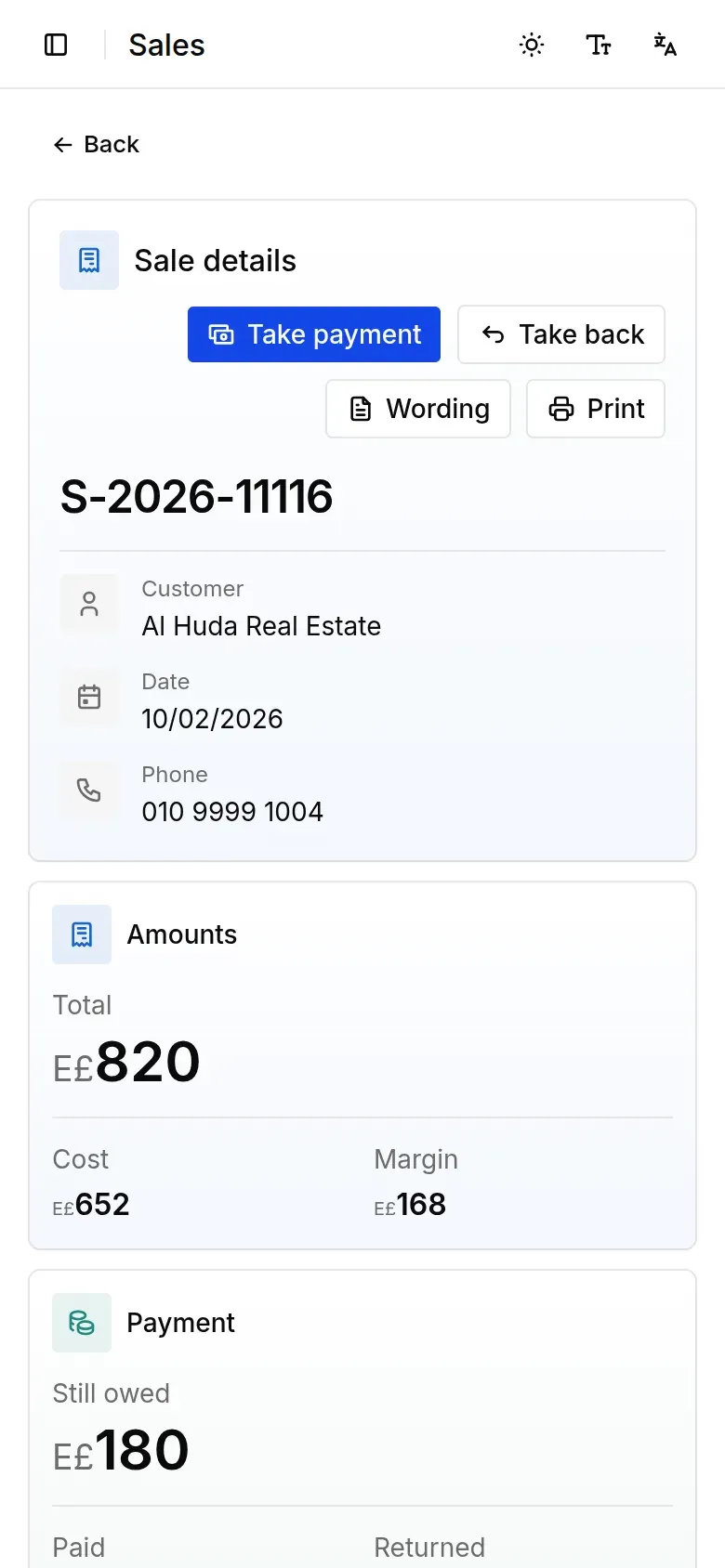 A customer's sale with its total, what was paid and what is left